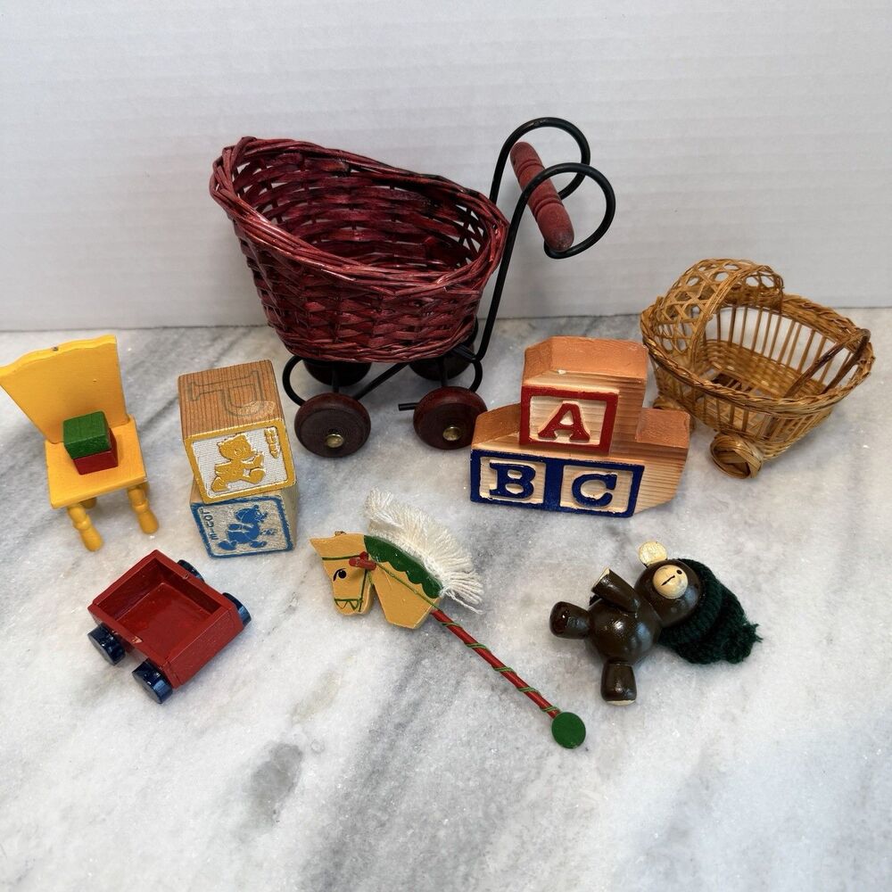 Vintage Miniature Baby Kids Dollhouse Trinket Country Cottagecore Wood Lot Of 9